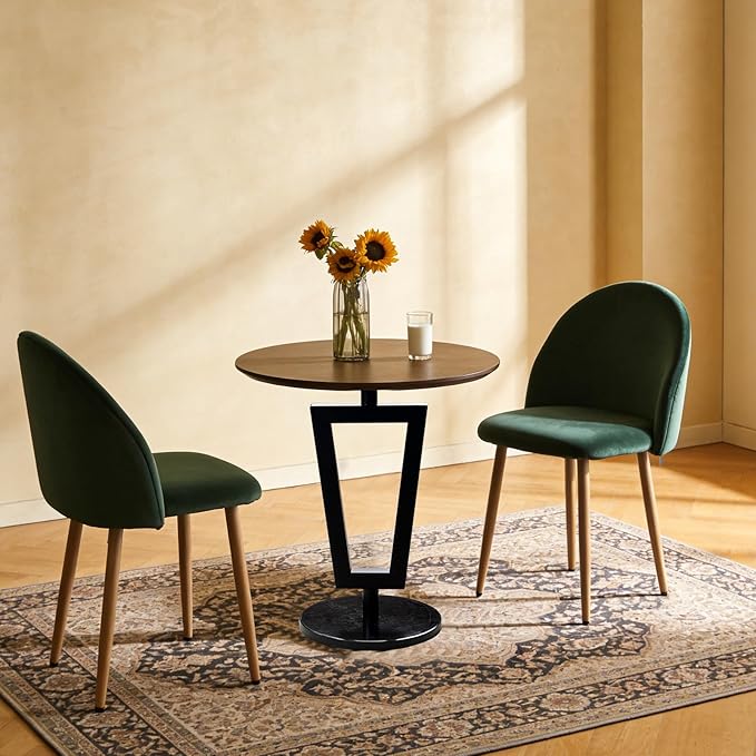 Lightdot Dining Chairs Set of 2, Velvet Comfortable Seats, Mid-Century Modern Living Room Chairs, Upholstered Kitchen Chairs with Wooden Legs and Padded Seat for Bedroom Office - Dark Green