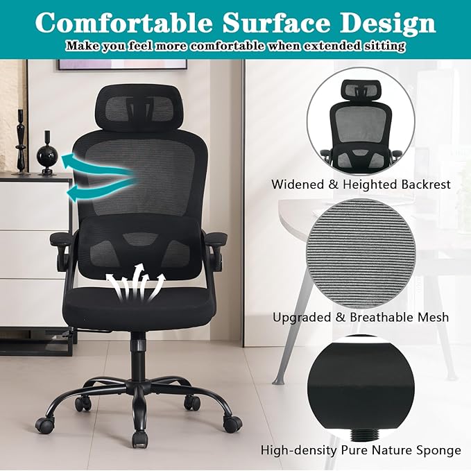 Ergonomic Mesh Office Chair, High Back Desk Chair with 3D Armrests, Up&Down Lumbar Support, Swivel Computer Task Chair with Adjustable 2D Headrest and Tilt Function(Black)