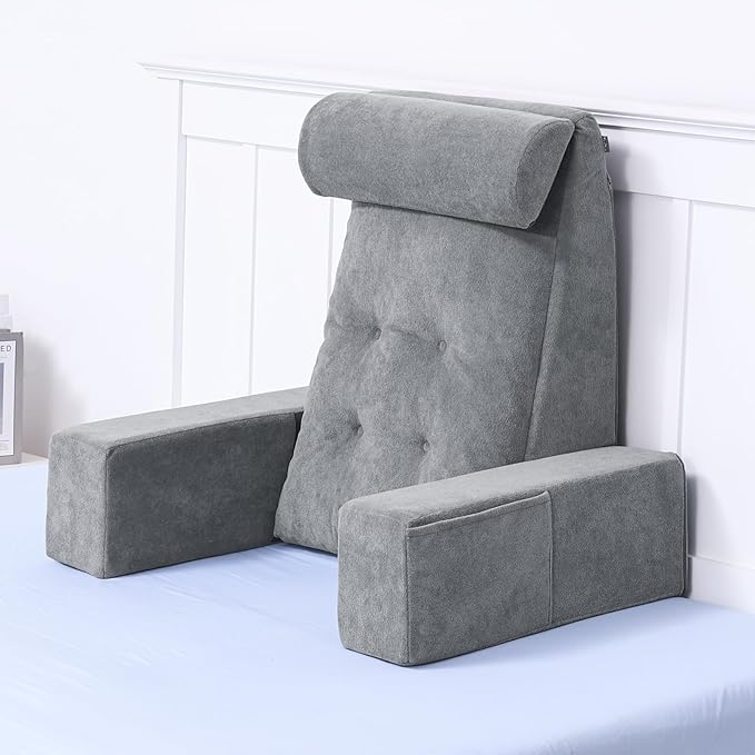 Bed Pillow for Sitting Up in Bed, 25” Ergonomic Reading Pillow with Adjustable Headrest & Arms, Dual Layer Memory Foam Back Pillow, Soft Plush Cover, Back Rest for Reading, TV, Gaming Dark Grey