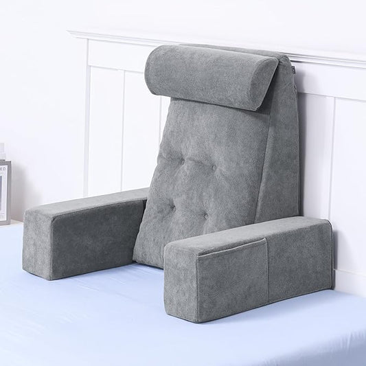 Bed Pillow for Sitting Up in Bed, 25” Ergonomic Reading Pillow with Adjustable Headrest & Arms, Dual Layer Memory Foam Back Pillow, Soft Plush Cover, Back Rest for Reading, TV, Gaming Dark Grey
