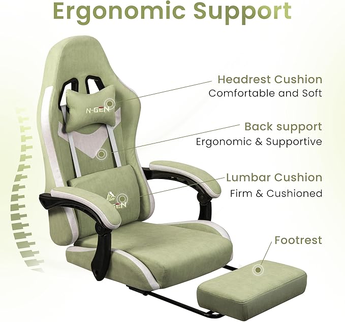 N-GEN GAMING Video Gaming Chair with Footrest Lumbar Support for Home Office High Back Recliner Height Adjustable Ergonomic Comfy Fabric Computer Desk Chair (Green)