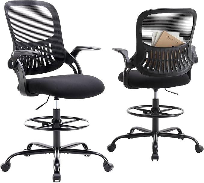 DUMOS Drafting Chair for Standing Desk, Counter Height Adjustable, Flip-up Arms, Ergonomic Mid Back Mesh Rolling Work 360° Swivel Office Computer Chairs with Wheels, for Bedroom Livingroom, Ink