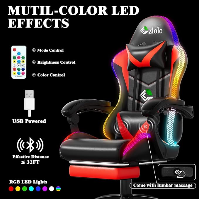 Czlolo Gaming Chair, Racing Style RGB LED Lights Gaming Chairs for Adults and Kids, Lumbar Massager Gamer Chair, High Back Reclining Computer Chair with Footrest and Headrest (Black/Red)