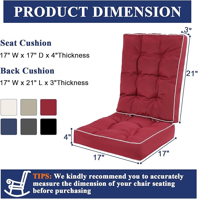 Topotdor Rocking Chair Cushions Indoor, Tufted Rocking Chair Seat Cushion for Patio Furniture, Water Resistant Rocking Chair Pads with Ties for Nursery Balcony Chair, Red