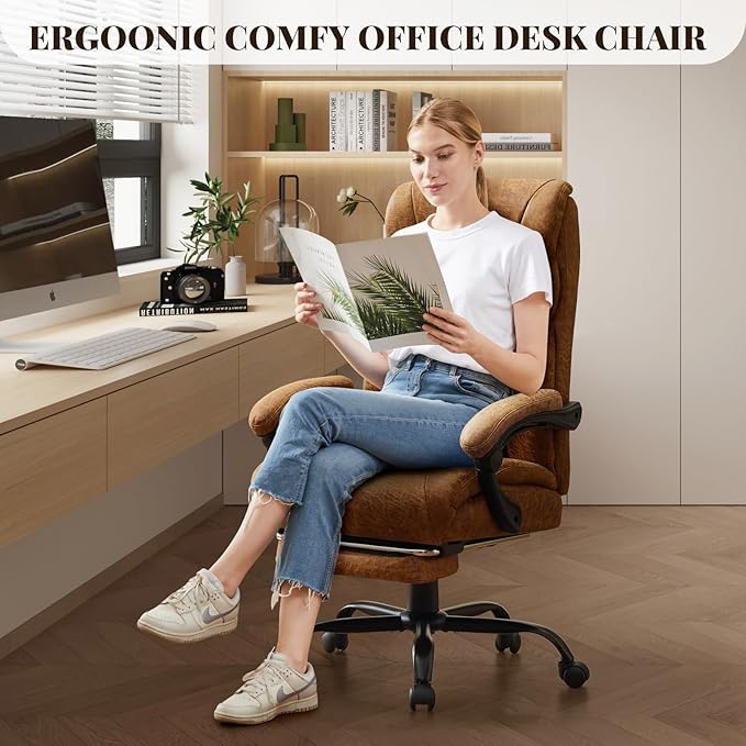 Garvee Comfortable Office Desk Chair 500 LBS, Big and Tall Office Chairs with Adjustable Flip-up Armrests,100-118°Recline Executive Leather Gaming Chair for Heavy People, Long Hours,Brown