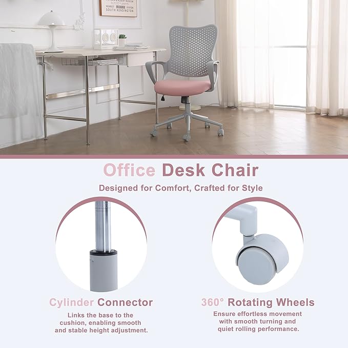 Ergonomic Office Chair, Breathable Mesh Computer Desk Chair with Armrests, Rolling Swivel Task Chair, Butterfly Back Design for Home Office, Adults and Teens (Pink)