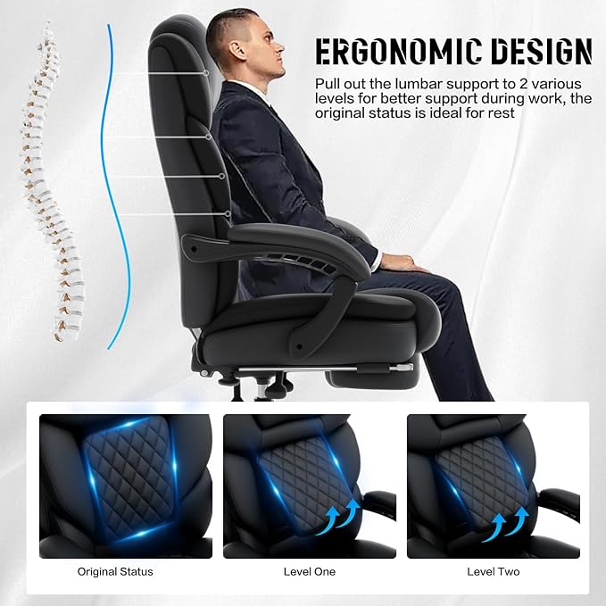500lbs Recliner Office Chair with Footrest Lumbar Support, Wide Seat Plus Size 500lbs Big Tall Reclining Office Desk Chair, Black