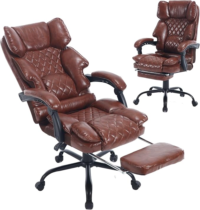 Big Tall Reclining Executive Office Chair with Footrest, 400lbs Ergonomic Recliner Desk Chairs with Lumbar Support, Heavy Duty High Back Vintage Leather Computer Chair with Wheels, Brown