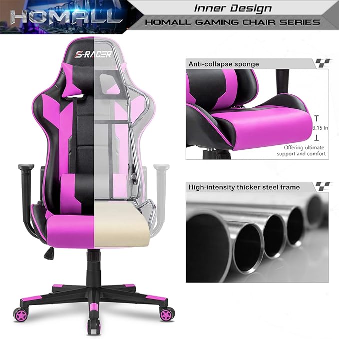 Homall Gaming Chair, Office Chair High Back Computer Chair Leather Desk Chair Racing Executive Ergonomic Adjustable Swivel Task Chair with Headrest and Lumbar Support (Violet)