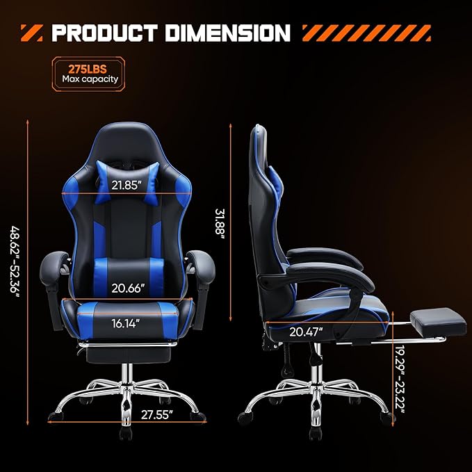Sweetcrispy Video Game Desk Chair - Ergonomic Computer with Footrest and Comfy Lumbar Support, PU Leather Recliner with Headrest, Fixed Up Armrest, Height Adjustable with 360° Swivel, for Adults, Blue