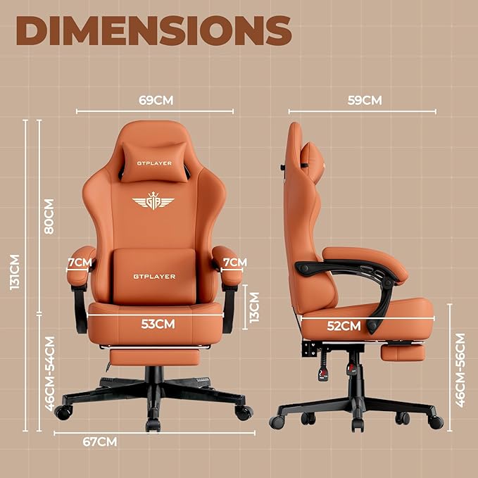 GTPLAYER Gaming Chair with Pocket Spring Cushion, Big and Tall Gamings Chairs 350LBS High Back Computer Chair with Footrest for Adults Lumbar Support Swivel Game Chair for Office, Leather Orange