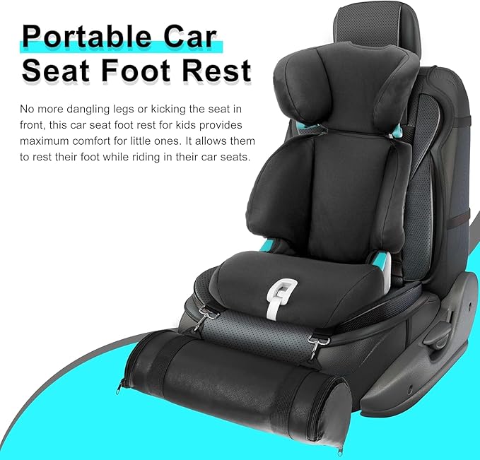 Car Seat Footrest for Children, Strap-On Car Seat Leg Support Pad, Footrest for Children Ideal for Long Road Trips, Car Seat Footrest for Children—(Black Leather)