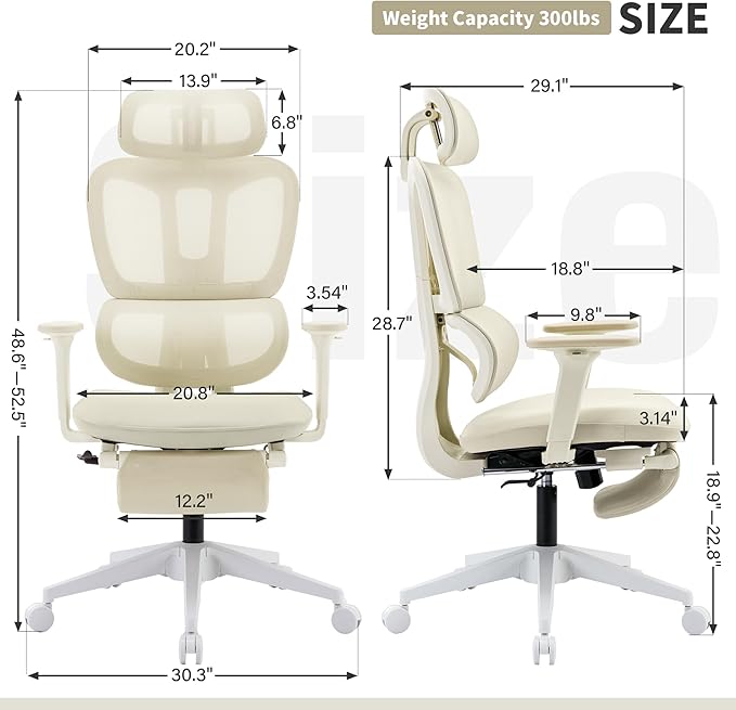 Ergonomic Office Chair with Footrest, 90-135° Reclining High Back Desk Chair with Lumbar Support, 2D Headrest, 2D Armrests, Computer Chair for Long Hours, Cream