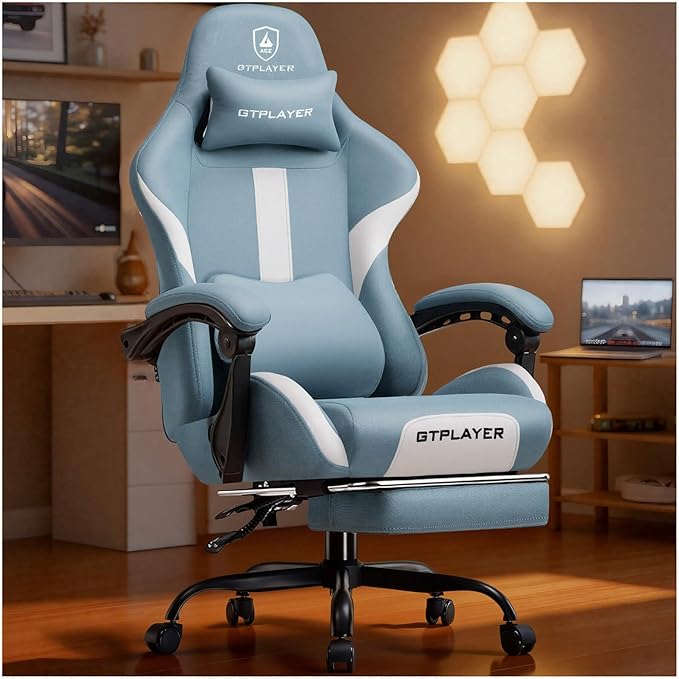 GTPLAYER Gaming Chair with Foot Rest & Pocket Spring Cushion, Ergonomic High Back Computer Desk Chair with Headrest & Lumbar Support for Back Pain Relief, Breathable Fabric, Blue