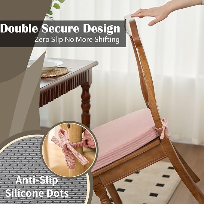 2'' Thick High-Density Foam Indoor Chair Cushions | Dining Chair Pads with Ties, Removable Washable Cover, Kitchen Chair Cushions 17"x16", Pink 4 Pack