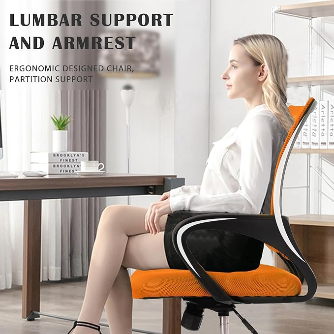 Office Chair, Adjustable Computer Chair with Lumbar Support, Office Desk Chair with Breathable Mesh Backrest, Home Office Desk Chairs for Student, Adults, Study, Dorm, Small Computer Chair, Orange
