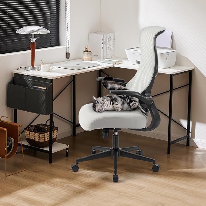 DUMOS Home Office Desk Chair - Ergonomic High Back Mesh Computer Chair with Comfy Flip-up Armrests, Adjustable Height Swivel Task Chair with Wheels, Comfortable Lumbar Support, for Adults, Gery
