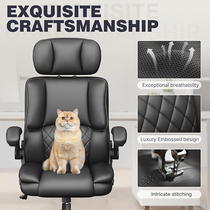Executive Office Ergonomic Chair, Computer Chair with Adjustable Headrest,PU Leather Desk Chair,High-Back Swivel Task Chair for Home Office with Flip-Up Padded Armrests, 135°Reclining,Black