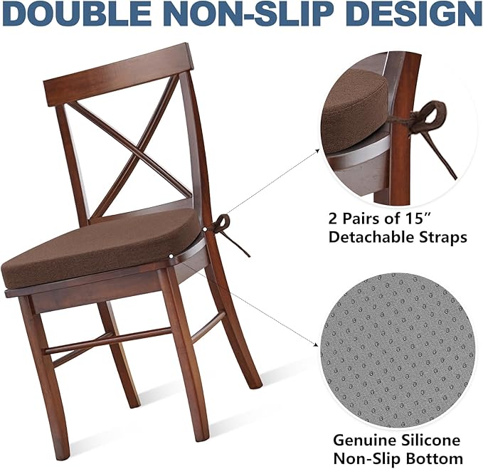Shinnwa Dining Chair Cushions Set of 4, Non-Slip Kitchen Chair Cushions with Detachable Straps and Machine Washable Cover, 4 Pack, 17x16x2in, Brown