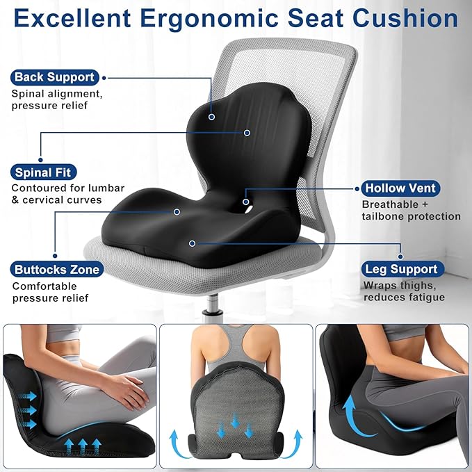 Car Seat Cushion with Lumbar Support Pillow, Memory Foam Office Chair Cushion for Back Pain Sciatica Pain Relief, Ergonomic L-Shaped Seat Cushion for Car Truck Driving Office Chair Home