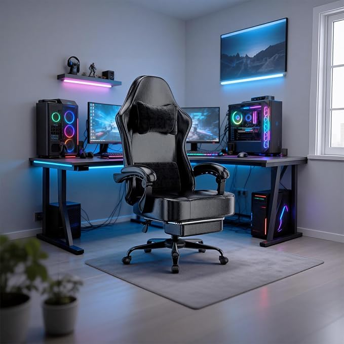 Gaming Chair with Pocket Spring Cushion and Footrest, Ergonomic Computer Chair for Adults, Breathable PU Leather Game Chair