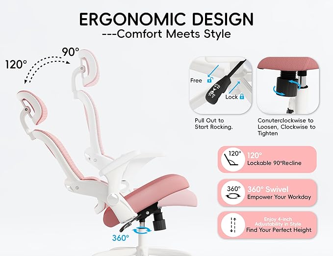 TRALT Office Chair - Ergonomic Office Chair with Back Support, Home Office Desk Chairs, 330lbs Wide Seat Big and Tall Office Chairs with Headrest, Comfy Desk Chairs (Pink)