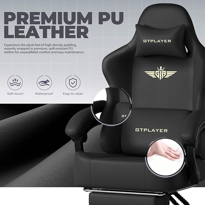 GTPLAYER Gaming Chair with Pocket Spring Cushion, Big and Tall Gamings Chairs 350LBS High Back Computer Chair with Footrest for Adults Lumbar Support Swivel Game Chair for Office,Leather Black-Massage