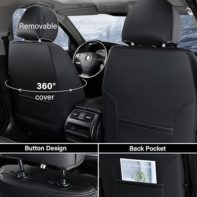 Coverado Car Seat Covers Front Seats, 2 Piece Car Seat Protector with Lumbar Support & Removable Headrest, Breathable Leather Seat Cushion Universal Fit for Truck Automotive Vehicles Black