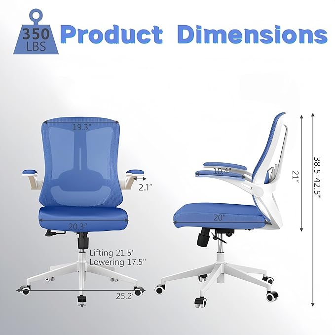 Ergonomic Office Chair - 350LB Comfy Desk Chairs with Lumbar Back Support, Mesh Computer Chairs with Wheels and Arms for Home Office, Study (Blue-Without Headrest)