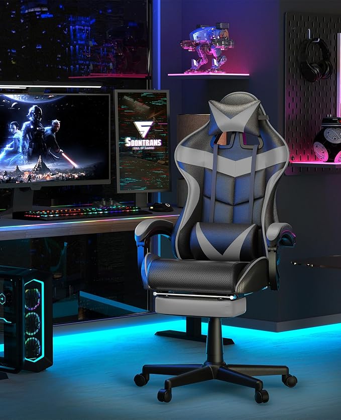 Soontrans Grey Gaming Chairs with Footrest,Ergonomic Computer Game Chair, Gamer Chair with Lumbar Pillow and Adjustable Headrest (Galaxy Grey)