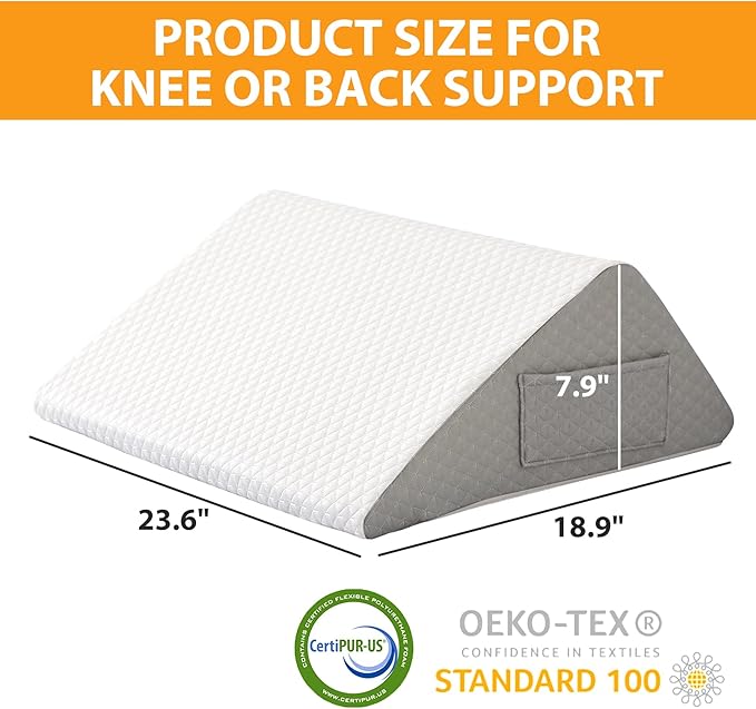 Ruqmuis Knee Pillow for Back Sleeping, 8” Knee Wedge Pillow to Elevate Knee, Leg Pillow for Back Pain Relief, Triangle Pillow, Leg Elevation Pillows for After Surgery, Blood Circulation, White/Grey