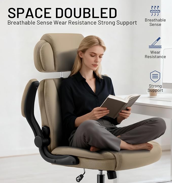 AreShark Ergonomic Office Chair with Lumbar Support, 400lbs Heavy Duty Big and Tall Executive Desk Chair, PU Leather High Back Computer Chair with Flip-Up Arms & Adjustable Headrest, Khaki