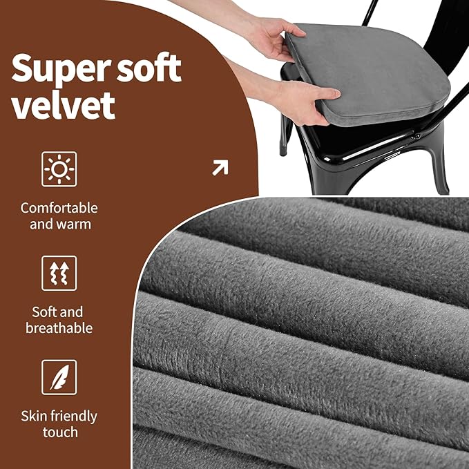 SINOSSO Kitchen Magnetic Metal Chair Cushions Set of 4, 14" Luxury Velvet Memory Foam Seat Pads for Cafe Stackable Chair (U-Shape, Gray, 4)