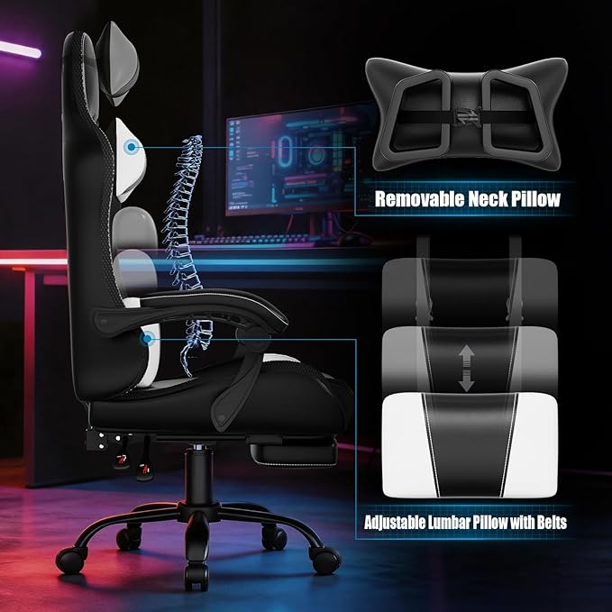 Czlolo Gaming Chair, 2026 Upgraded RGB LED Lights Computer Chair with Footrest, Lumbar Support Massager Gamer Chair, High Back, 90-135° Reclining, Linkage Armrests, White