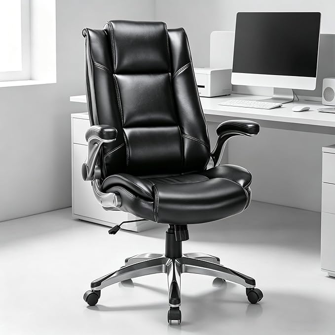 COLAMY Leather Executive Office Chair - High Back Ergonomic Home Computer Desk Chair with Padded Flip-up Arms, Adjustable Tilt Lock, Swivel Rolling Chair for Adult Working Study, Black