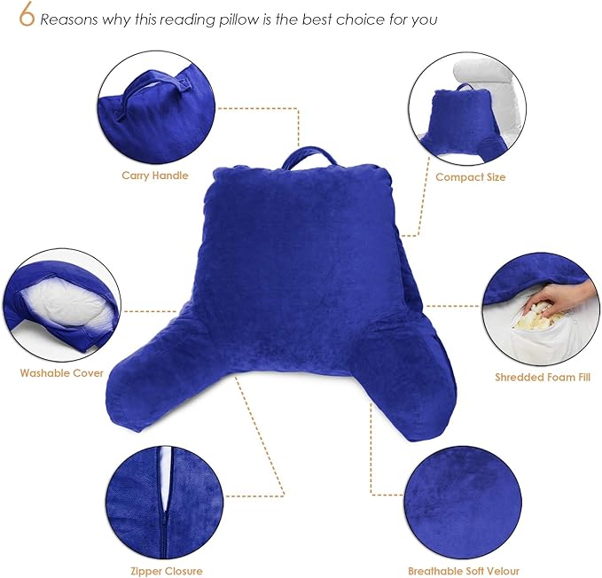Clara Clark Reading Pillow with Shredded Memory Foam for Sitting Up in Bed and Couch, Back and Arms Adjustable Support for Adults & Teens Backrest Pillows for Reading, with Washable Cover Royal Blue