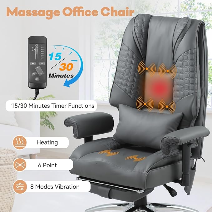 Massage Office Chair with Foot Rest, Ergonomic Executive Heated Office Chair with Reclining Backrest, Adjustable Arms and Lumbar Support, High Back Leather Desk Chairs for Home Office, Gray
