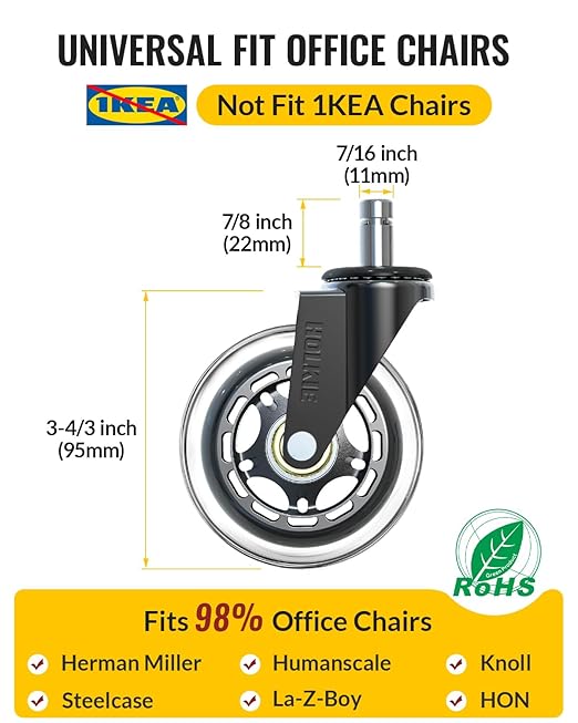 HOLKIE Office Chair Wheels - Universal Fit 3 Inch Roller Blade Casters - Safe for Hardwood Carpet Floors - Heavy Duty Rubber Replacement for Gaming Chairs - Smooth, Silent Glide - Set of 5
