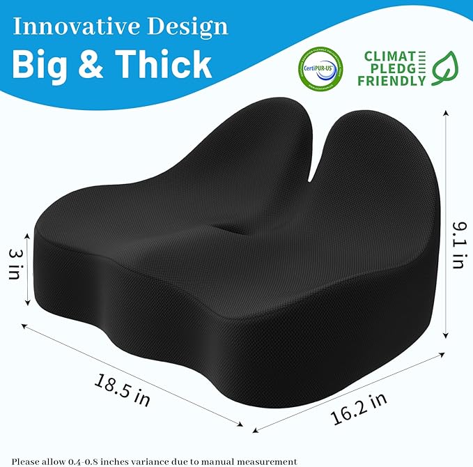 Cushzone Memory Foam Seat Cushion for Office Chair, Ergonomic Coccyx Cushion for Desk Chair, Tailbone Support Pillow for Long Sitting, Non-Slip Seat Pad for Home, Car, Gaming Chair (Black, X-Large)
