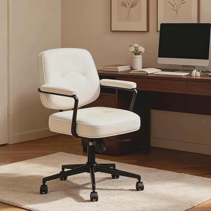 Office Desk Chair, Ergonomic Desk Chair with Padded Cushion & Backrest, Adjustable Height & 360° Swivel, Armrest Task Chair for Home Office, Computer Desk & Vanity, Beige