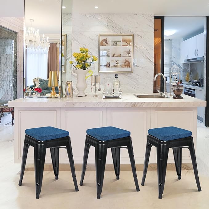 BUYUE Friendly Woven Fabric Magnetic Bar Stool Cushion 1 Piece, Enhanced Anti-Slip Breathable Small Chair Seat Pad for Café Bistro Stackable Metal Stool (Square, Dark Blue, 1)