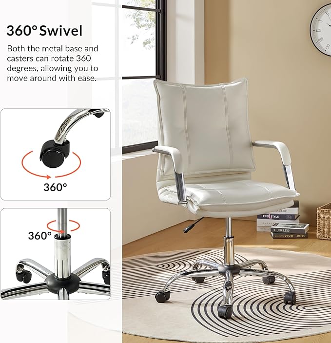 HULALA HOME Faux Leather Home Office Desk Chair, Adjustable Swivel Computer Chair with Sliver Legs and Arms, Comfy Upholstered Task Chair(White)