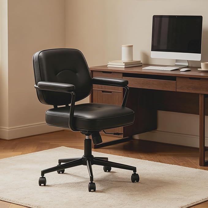 Office Desk Chair, Ergonomic Desk Chair with Padded Cushion & Backrest, Adjustable Height & 360° Swivel, Armrest Task Chair for Home Office, Computer Desk & Vanity, Black
