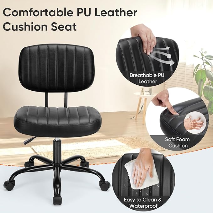 DUMOS Small Office Desk Chair - Armless PU Leather with Comfy Lumbar Support, Height Adjustable Rolling Swivel Task for No Arms, for Adult, Student, Bedroom, Home, Vanity, Black