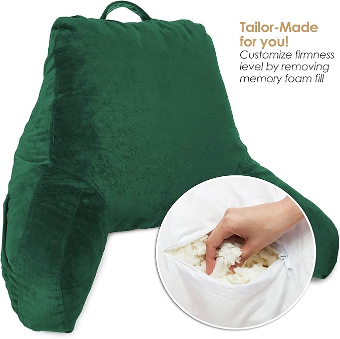 Clara Clark Reading Pillow with Shredded Memory Foam for Sitting Up in Bed and Couch, Back and Arms Adjustable Support for Adults & Teens Backrest Pillows for Reading, with Washable Cover Dark Green