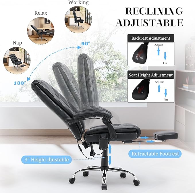 HOMREST Executive Office Chair with Heat and Massage, High-Back PU Leather Ergonomic Desk Chair with Retractable Footrest and Link Armrests, Reclining Computer Chair for Home Office (Black)