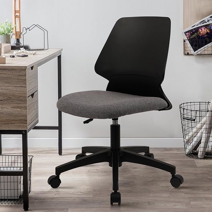 CLATINA Armless Home Office Chair, Ergonomic Small Desk Chair with Wheels and Soft Thick Upholstered Cushion, Comfy Adjustable Height Swivel Computer Task Chair for Conference Waiting, Black, 2Pack