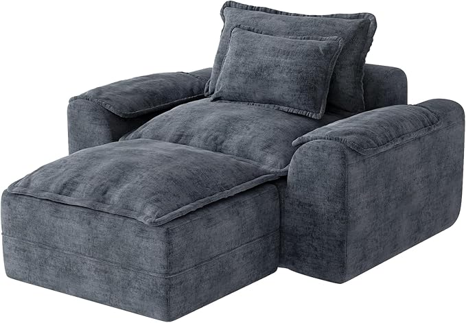 Hobestluk Cloud Single Sofa with Ottoman Memory Foam Couch with Deep Seat L Shaped Sofa with Removable Cover Large Couch for Living Room (Blue Grey, Single Sofa with One Ottoman)