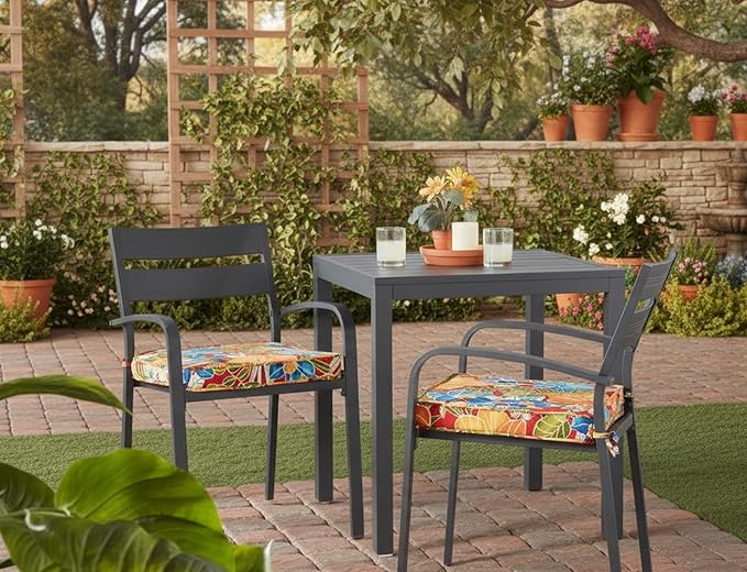 Outdoor 18 inch Square Patio Dining Chair Pads – Comfortable Fiber-Filled Seat Cushions with Ties, Reversible Polyester Fabric - Aloha Red Floral, Set of 2