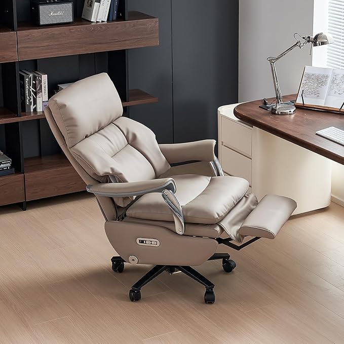 EMIAH Ergonomic Office Chair with Foot Rest Electric Executive Office Chair Reclining with Massage Big and Tall High Back Computer Chair with Wheels, Sustainable Leather（Light Khaki）